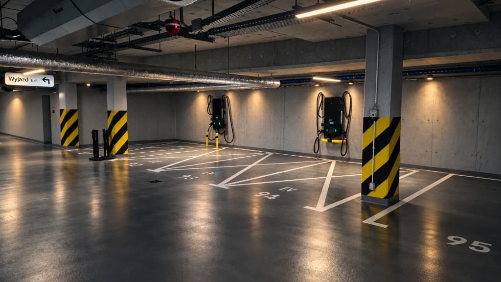 Infrastruktura stacji ładowania EV w garażu podziemnym