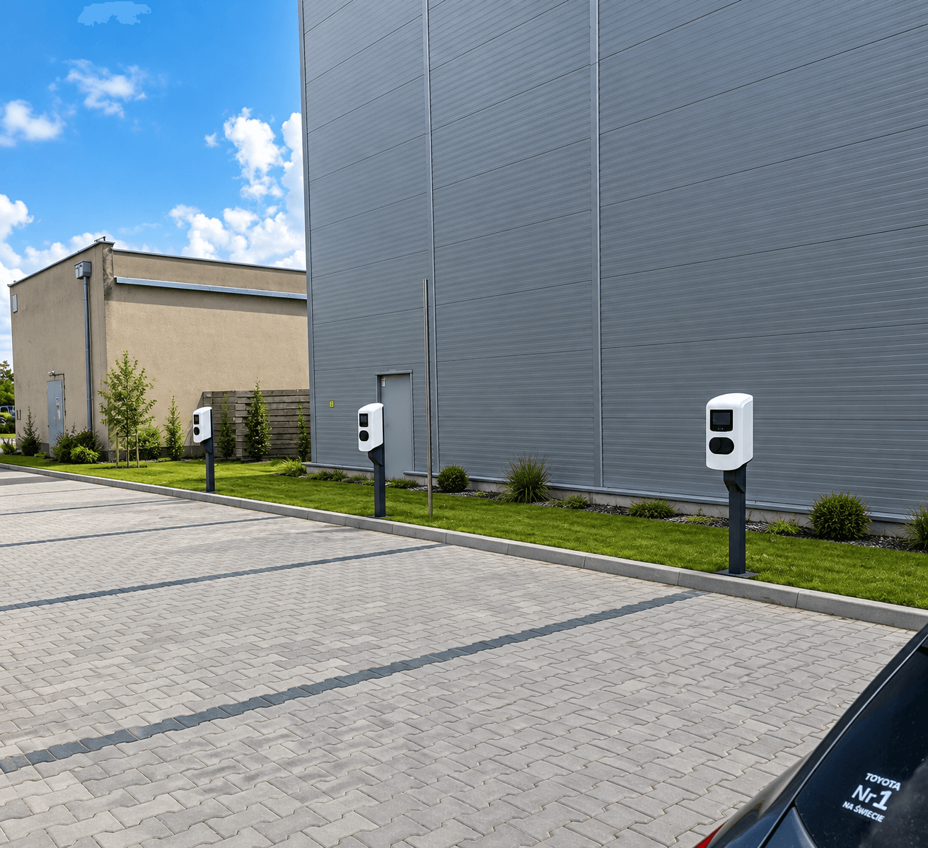 Stacje ładowania samochodów elektrycznych przy budynku firmowym