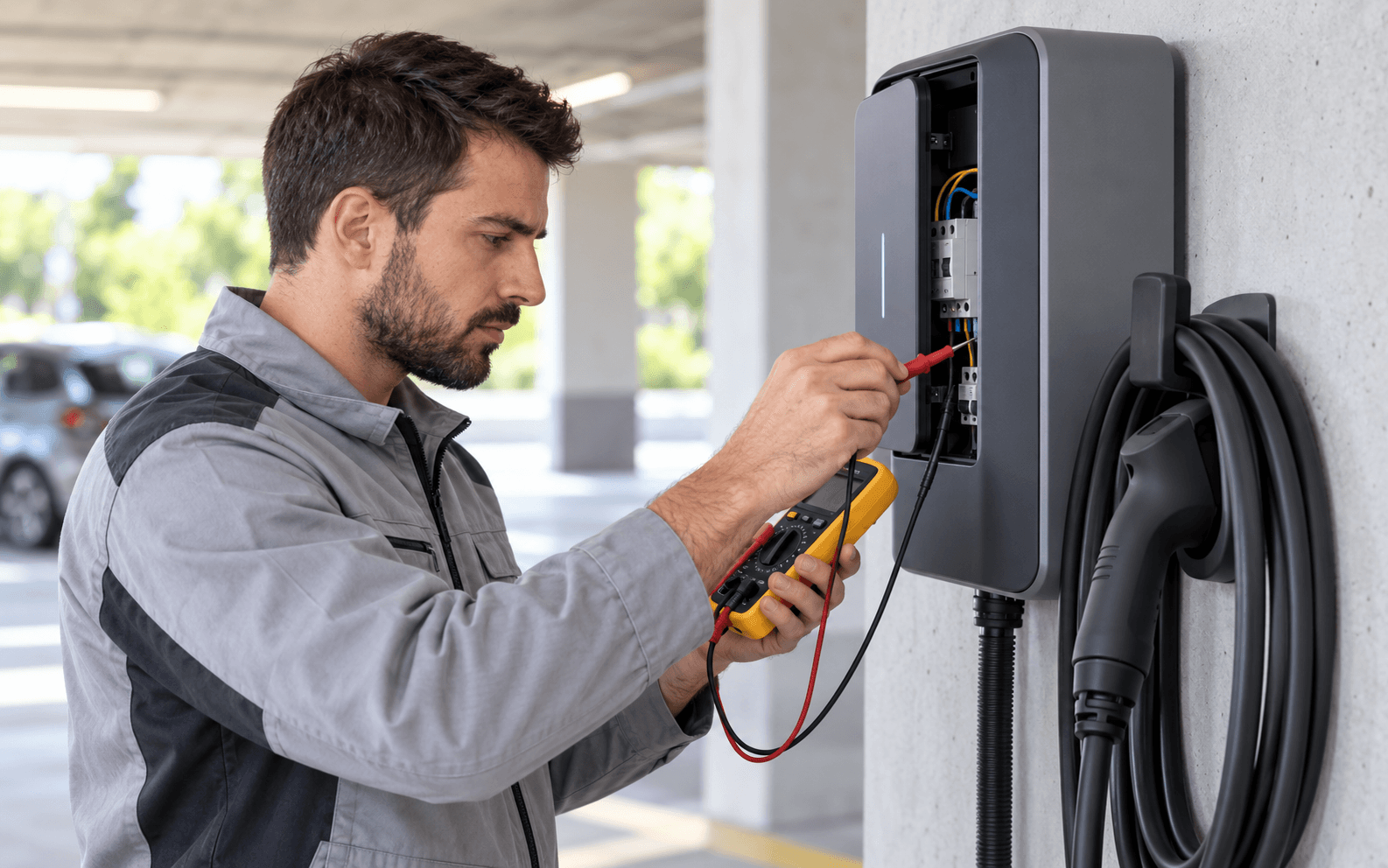 Diagnostyka i naprawa stacji ładowania EV Technik diagnozujący i naprawiający stację ładowania samochodów elektrycznych